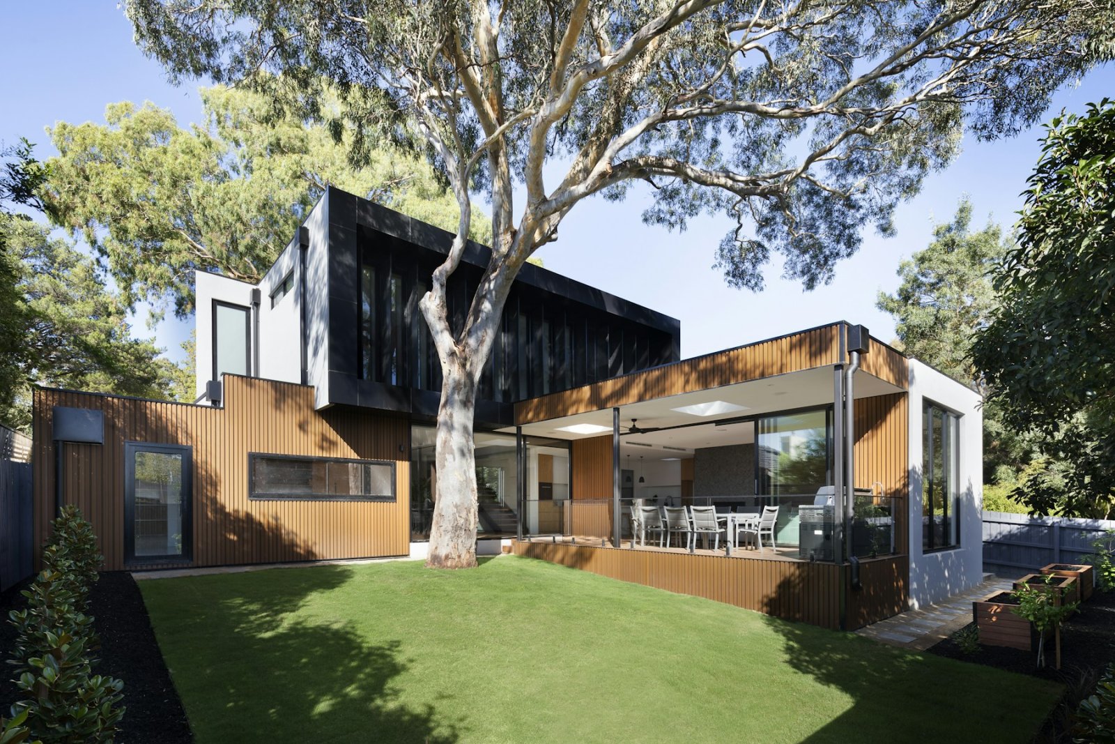 Contemporary house clad in timber and black, with a glazed pavilion opening onto a lawn under a large tree
